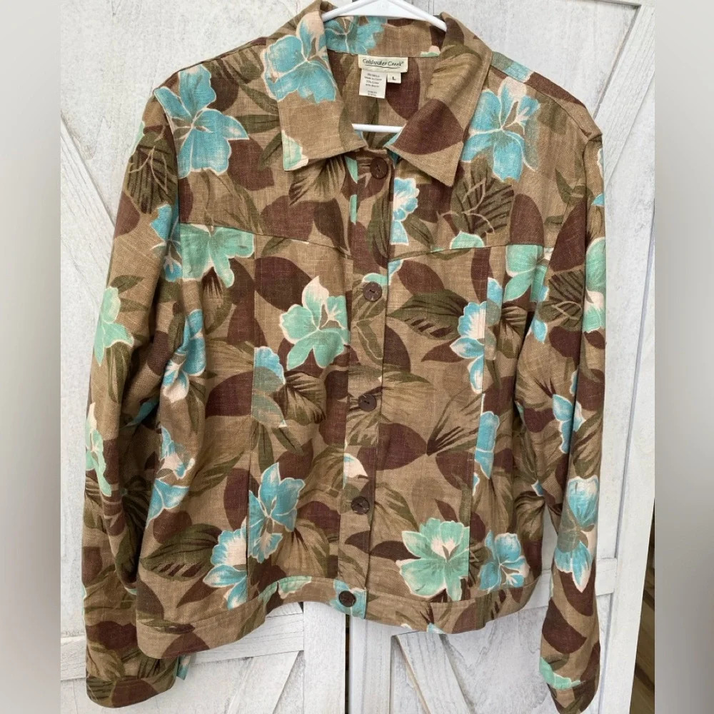 Coldwater Creek Floral Jacket Top Womens L Tan Blue Linen Blend